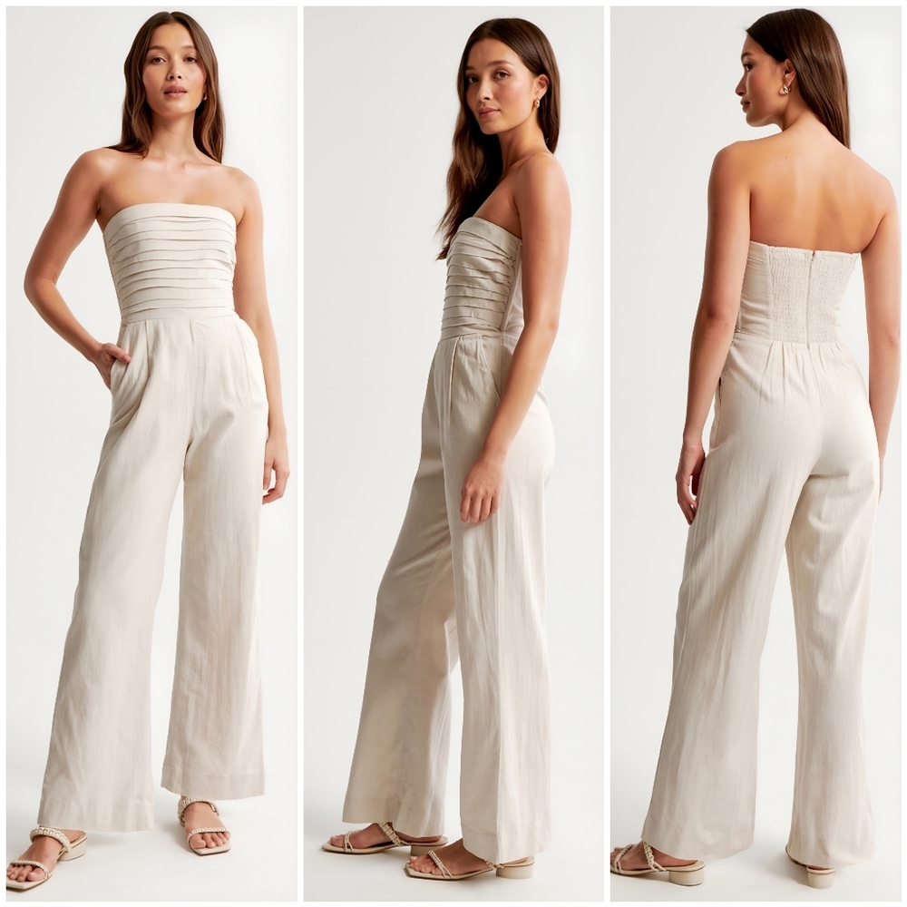 Abercrombie & Fitch Beige Strapless Linen Jumpsuit - Picture 2 of 12